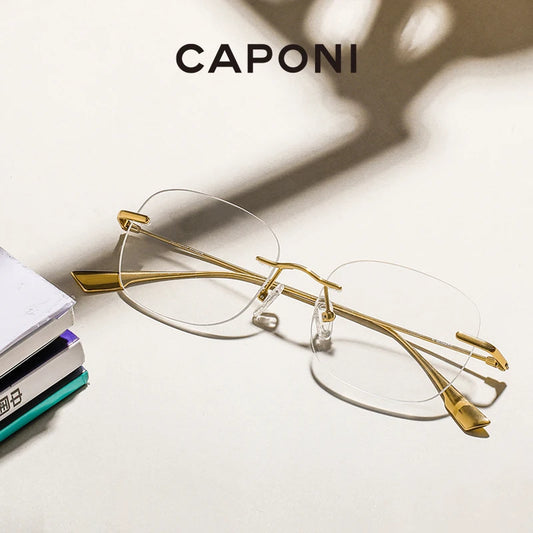 Gafas ópticas sin montura para mujer CAPONI – Titanio, filtro luz azul, diseño rectangular elegante | Modelo JF99219